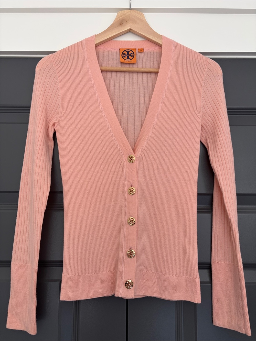 Tory Burch Pink Ribbed V-Neck Cardigan with Gold Buttons XS
